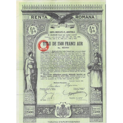 Datoria Publica a Romaniei - Renta Unificata 4 % Amortibila (2500 Franci Aur)