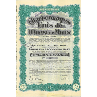 Charbonnages Unis de l'Ouest de Mons - Emprunt 5 % de 35 000 000 Francs