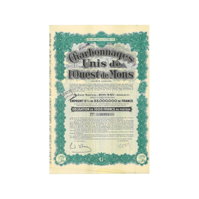 Charbonnages Unis de l'Ouest de Mons - Emprunt 5 % de 35 000 000 Francs