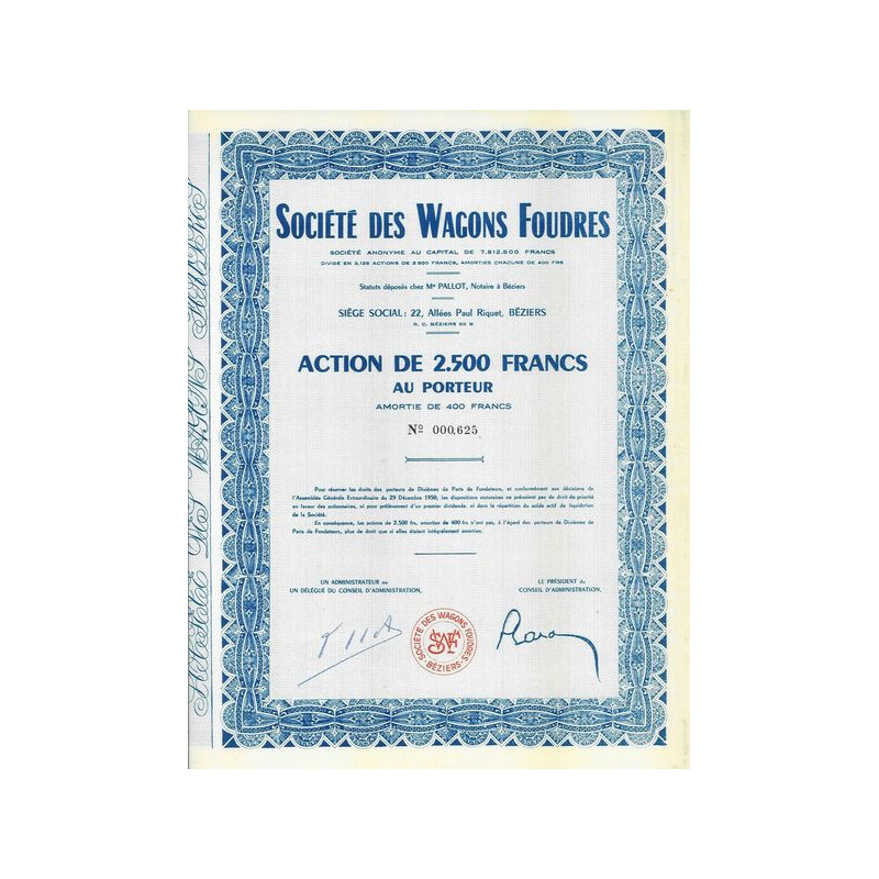 Sté Nlle de Wagons-Foudres (Act Nomin 2500 F)
