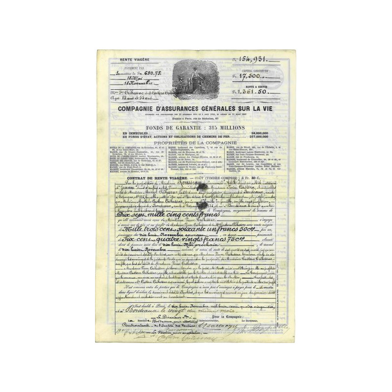 Cie d'Assurances Générales sur la Vie (17 500 F)