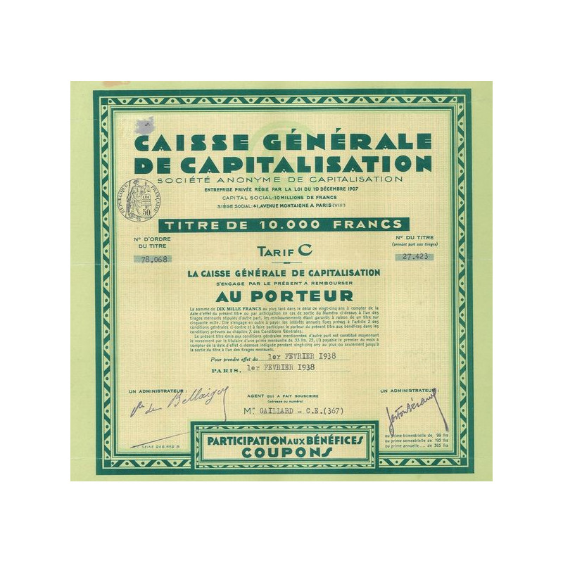 Caisse Générale de Capitalisation (10 000 F)