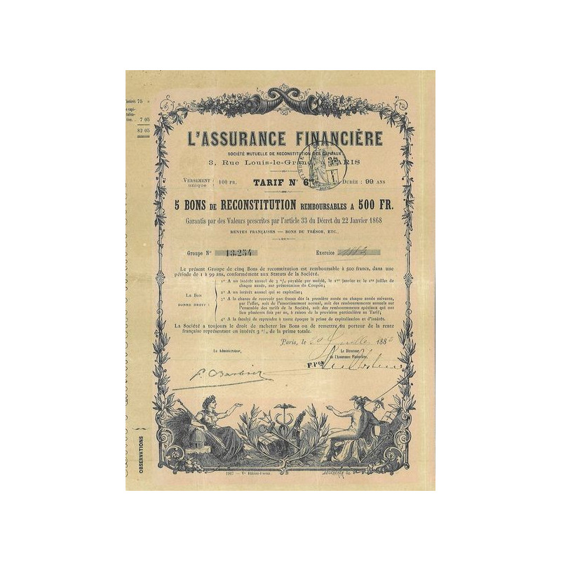 L'Assurance Financière (5 Bons de Reconstitution 500 F)