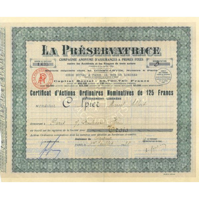 La Préservatrice (Certif Act O nomin 125 F)