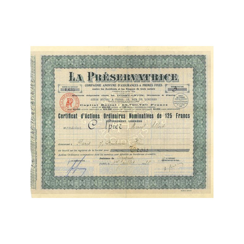 La Préservatrice (Certif Act O nomin 125 F)