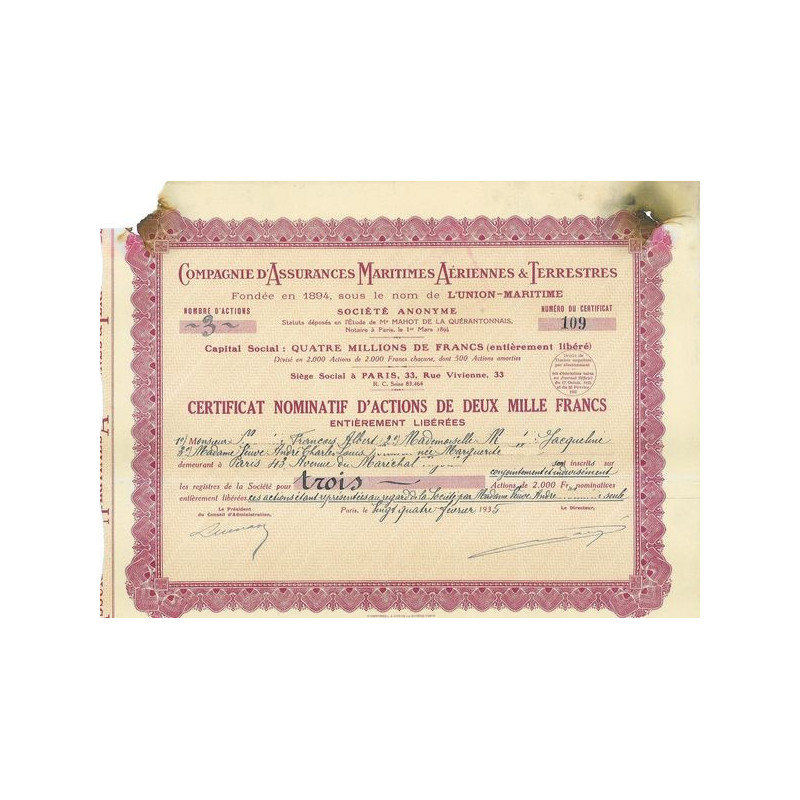 Cie d'Assurances Maritimes Aériennes & Terrestres - L'Union Maritime