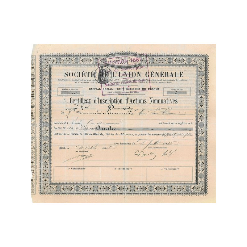 Sté de l'Union Générale (Certif)