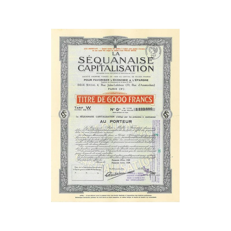 La Séquanaise Capitalisation (6000 F)(1929)