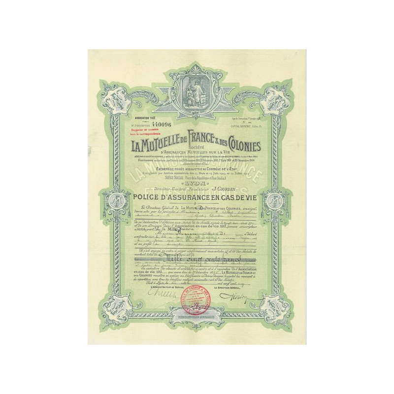 La Mutuelle de France & des Colonies (1500 F)(verte)