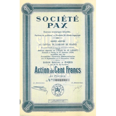 Sté Pax - Essences Aromatiques Naturelles. Parfuls de Synthèse - Produits de Chimie Organique (Act 100 F)