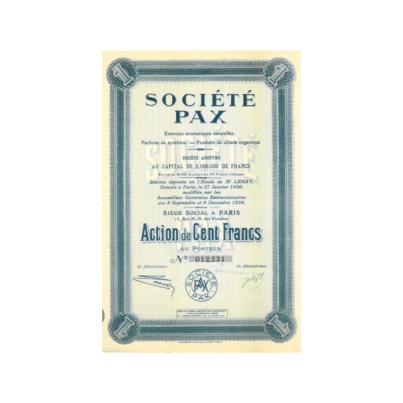 Sté Pax - Essences Aromatiques Naturelles. Parfuls de Synthèse - Produits de Chimie Organique (Act 100 F)