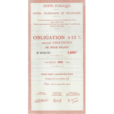 Dette Publique. Postes. Télégraphes et Téléphones - Obl 4 1/2 % 1929-1948 1000 F