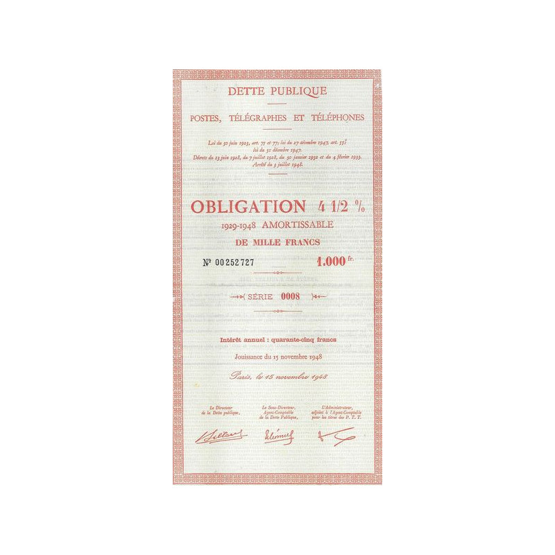 Dette Publique. Postes. Télégraphes et Téléphones - Obl 4 1/2 % 1929-1948 1000 F