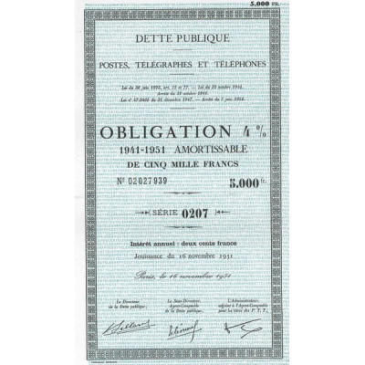 Dette Publique. Postes. Télégraphes et Téléphones - Obl 4 % 1941-1951 5000 F