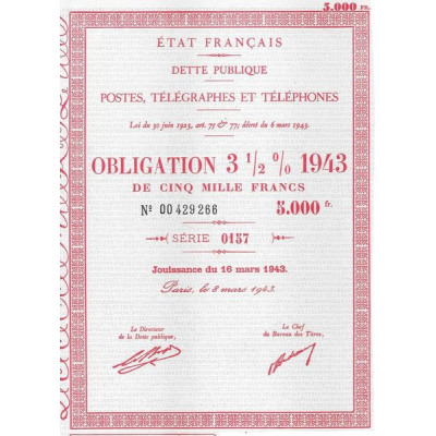 Dette Publique. Postes. Télégraphes et Téléphones - Obl 3 1/2 % 1943 5000 F