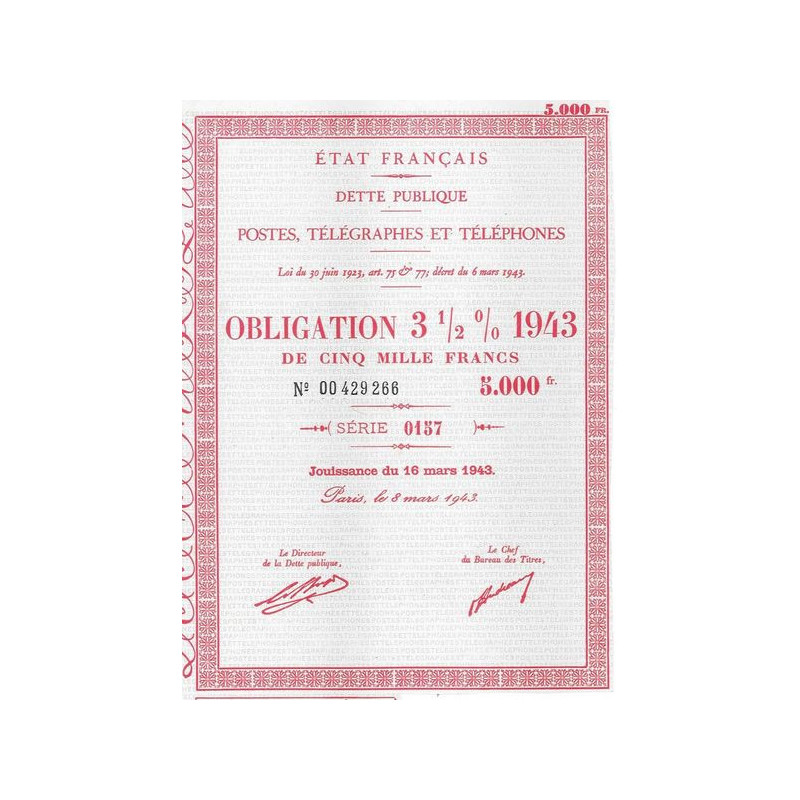 Dette Publique. Postes. Télégraphes et Téléphones - Obl 3 1/2 % 1943 5000 F