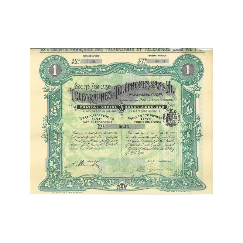 Sté Française des Télégraphes & Téléphones Sans Fil (Procédés Branly-Popp) (PF)