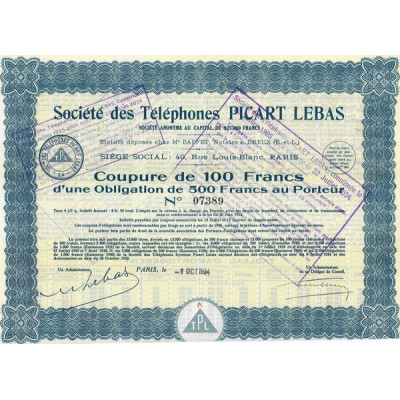Sté des Téléphones Picart Lebas (Coupure de 100 F d'une Obl de 500 F)