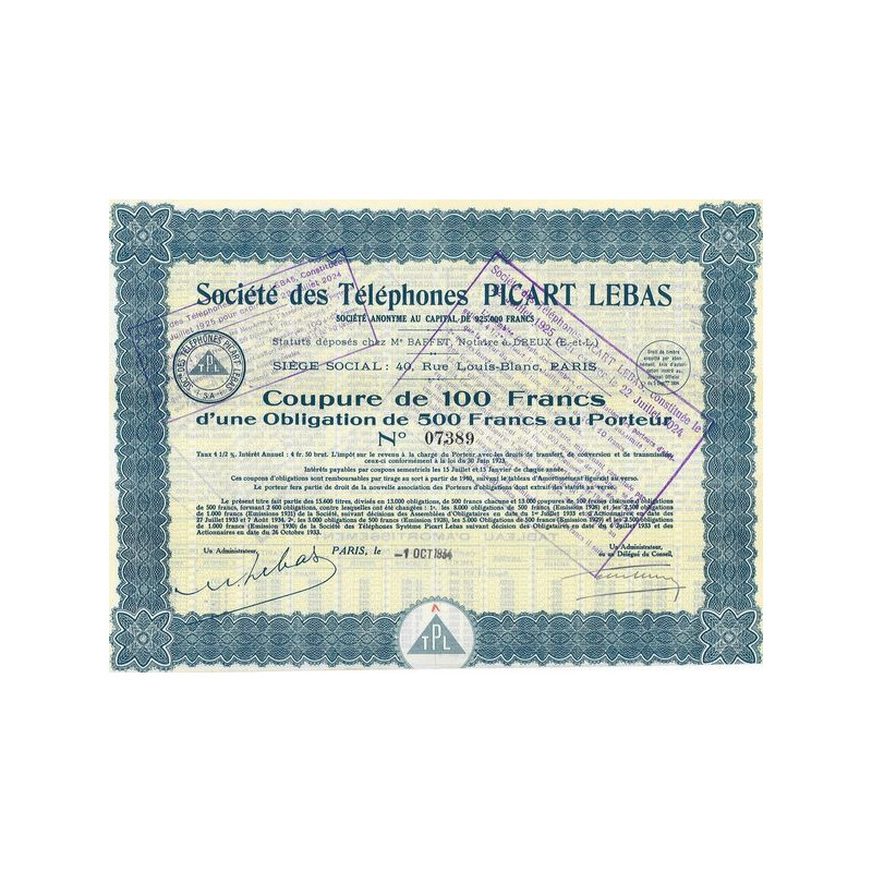 Sté des Téléphones Picart Lebas (Coupure de 100 F d'une Obl de 500 F)