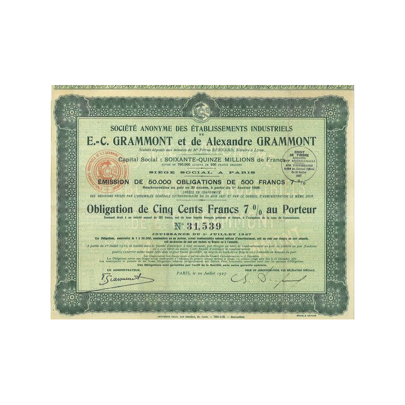 S.A. des Ets Indus. De E.-C. Grammont et de Alexandre Grammont (Obl 500 F 7 % 1927)