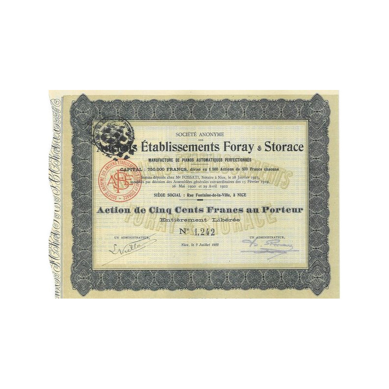 S.A. des Anc Ets Foray & Storace - Manufacture de Pianos Automatiques Perfectionnés