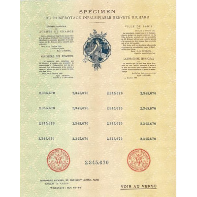 Spécimen du Numérotage Infalsifiable Breveté Richard