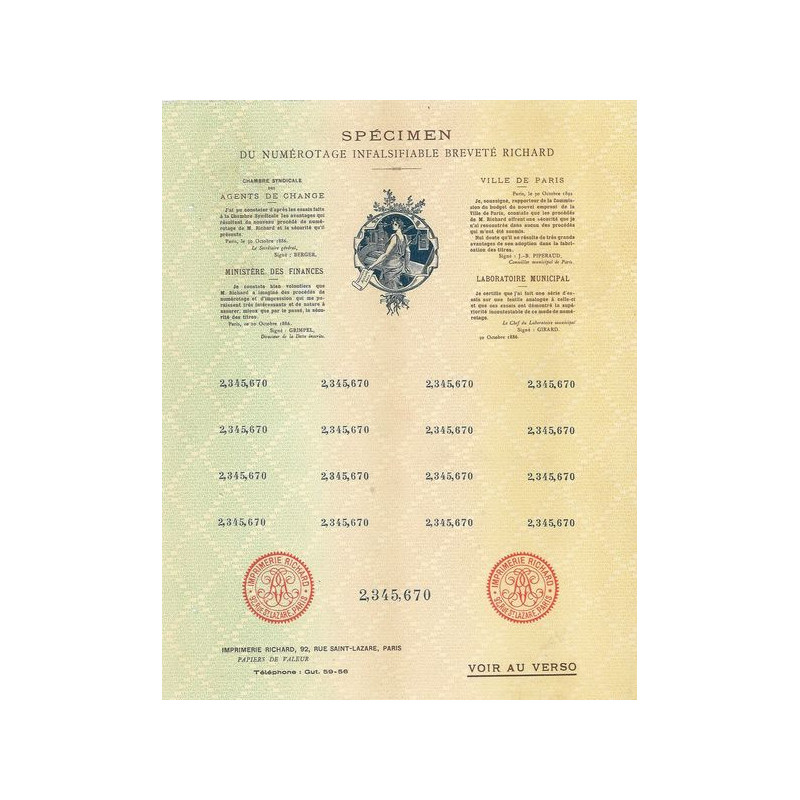 Spécimen du Numérotage Infalsifiable Breveté Richard