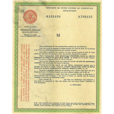 Spécimen de Notre Système de Numérotage Infalsifiable Imprimerie Richard