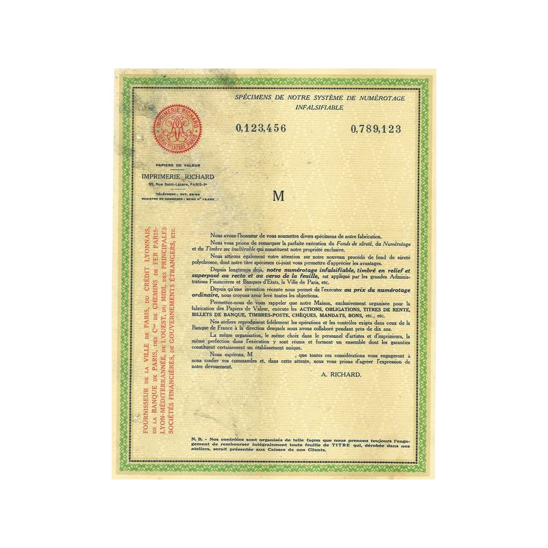 Spécimen de Notre Système de Numérotage Infalsifiable Imprimerie Richard