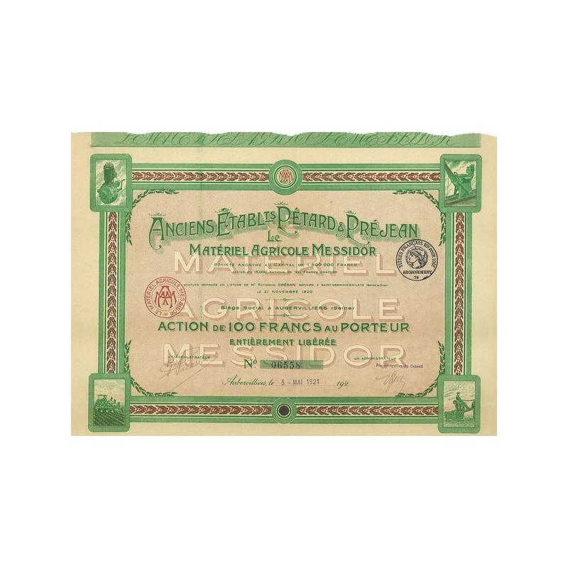 Anc Ets Pétard & préjean - Le Matériel Agricole Messidor (Act 100 F)
