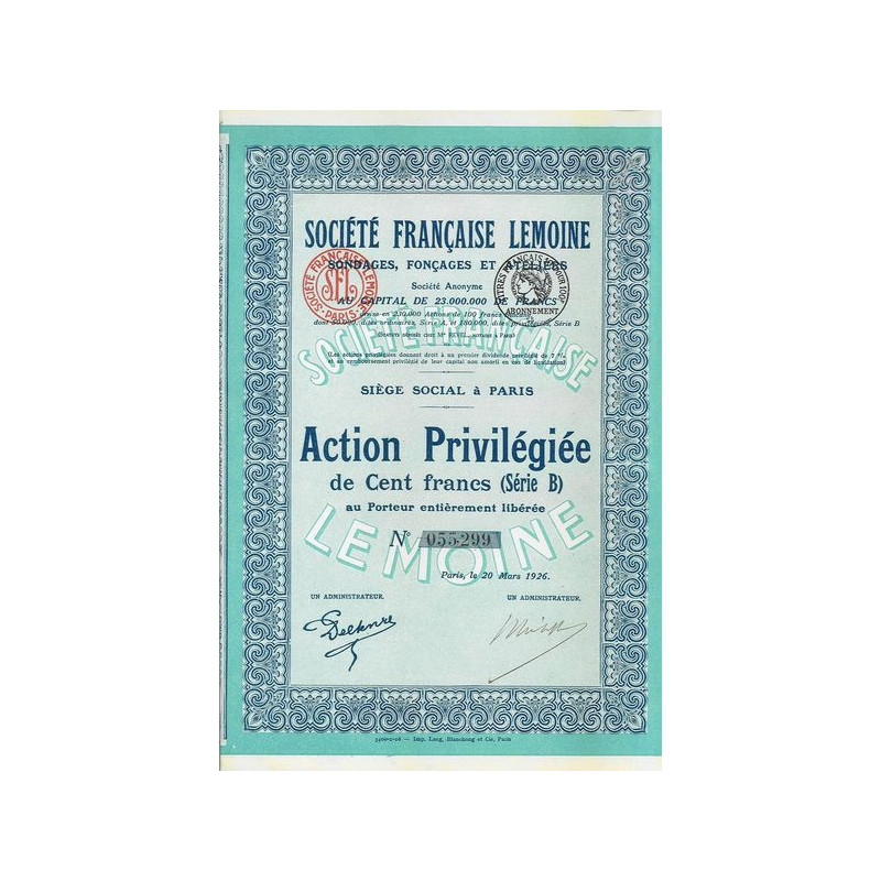 Sté Française Lemoine - Sondages. Fonçages et Ateliers (Act P 100 F série B)