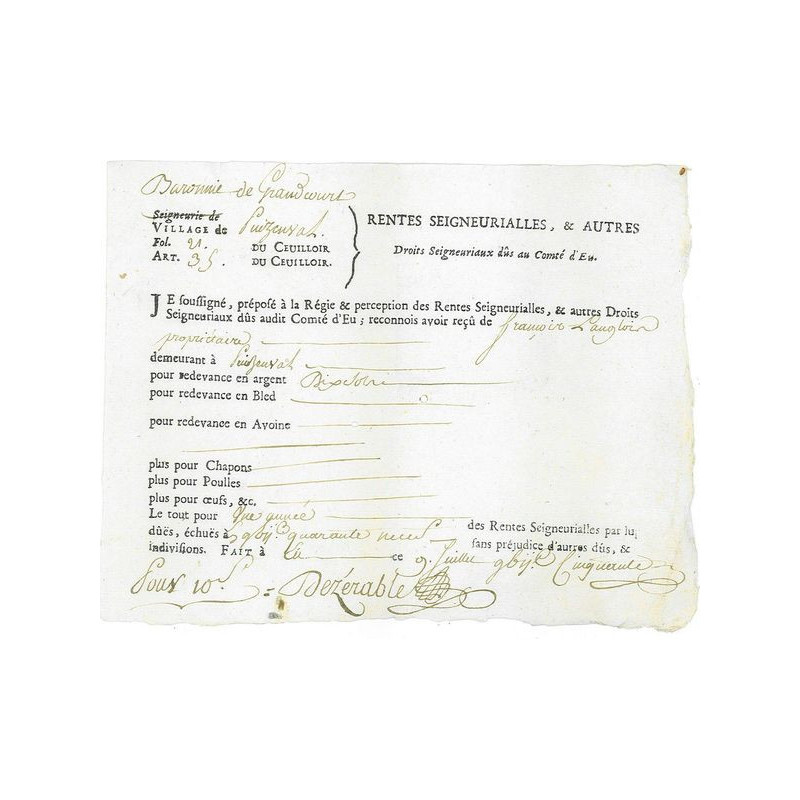 Rentes Seigneuriales & Autres Droits Seigneuriaux dûs au Domaine du Comté d'Eu (1)