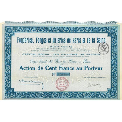 Fonderies. Forges et Aciéries de Paris et de la Seine (Act 100 F)