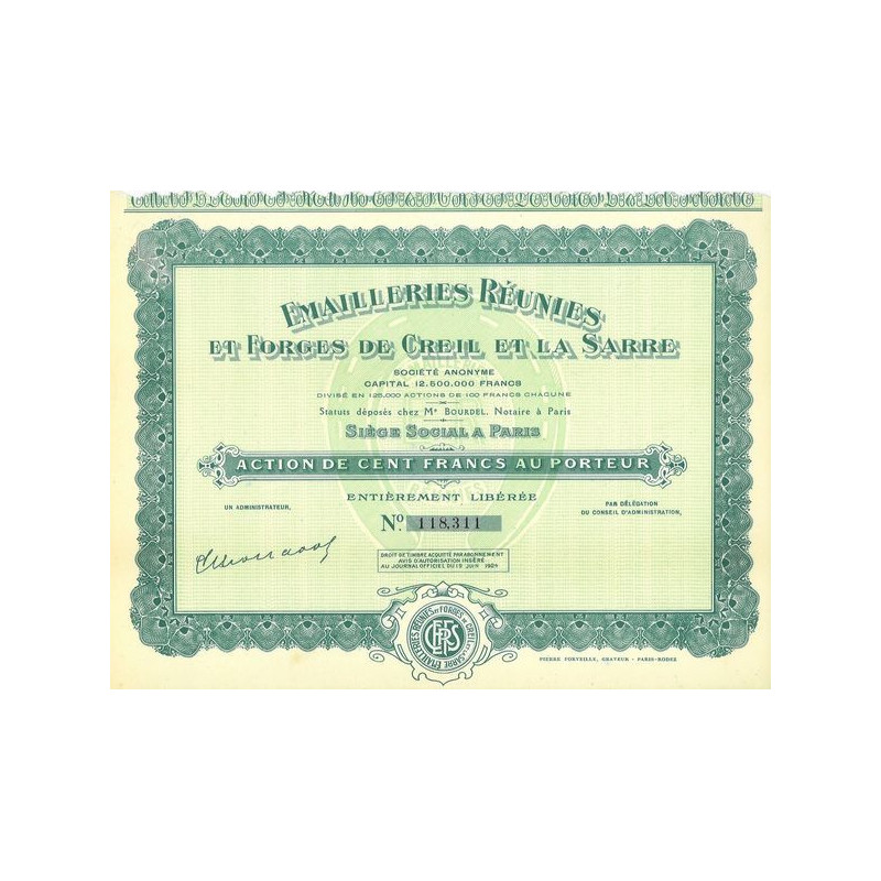 Emailleries Réunies et Forges de Creil et la Sarre (Act 100 F)(1924)