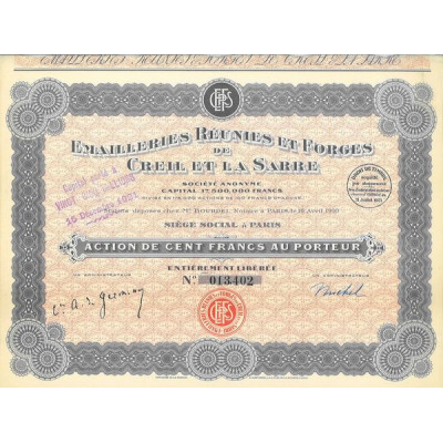 Emailleries Réunies et Forges de Creil et la Sarre (Act 100 F)(1921)