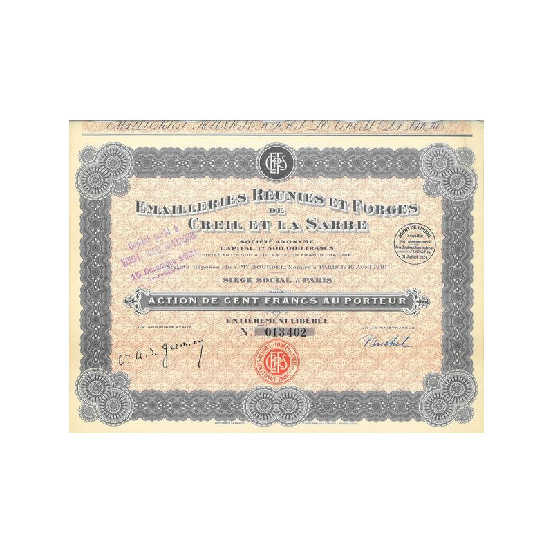 Emailleries Réunies et Forges de Creil et la Sarre (Act 100 F)(1921)