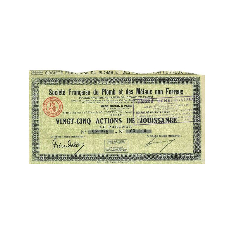Sté Française du Plomb et des Métaux non Ferreux (Titre 25 Act Jouissance)(1931)