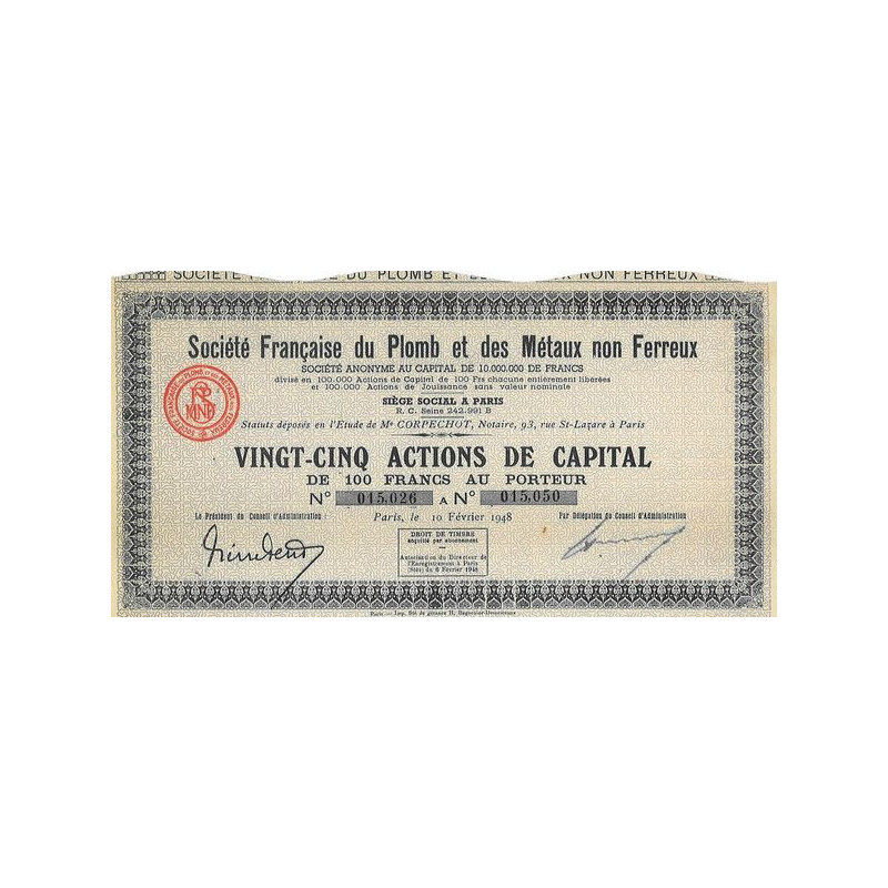 Sté Française du Plomb et des Métaux non Ferreux (Titre 25 Act Jouissance)(1948)