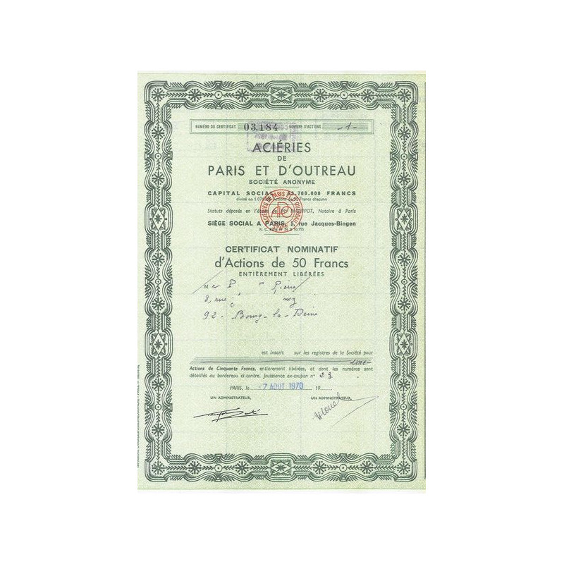 Aciéries de Paris et d'Outreau (certif)