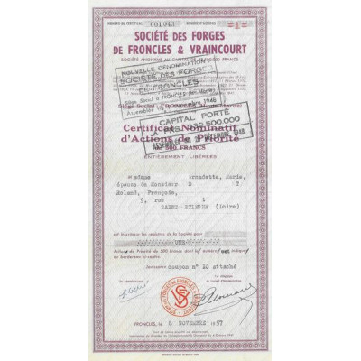 Sté des Forges de Froncles & Vraincourt (Certif Nomin Act P 500 F)