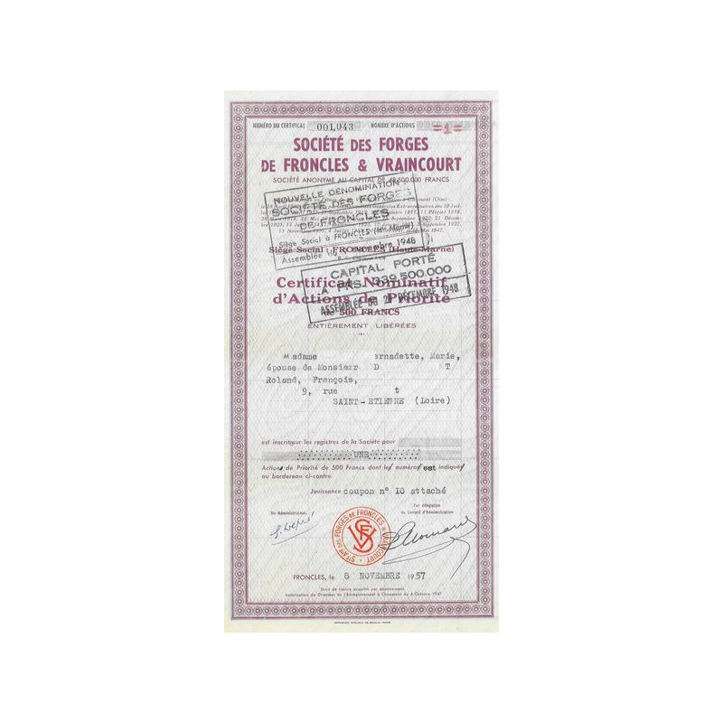 Sté des Forges de Froncles & Vraincourt (Certif Nomin Act P 500 F)