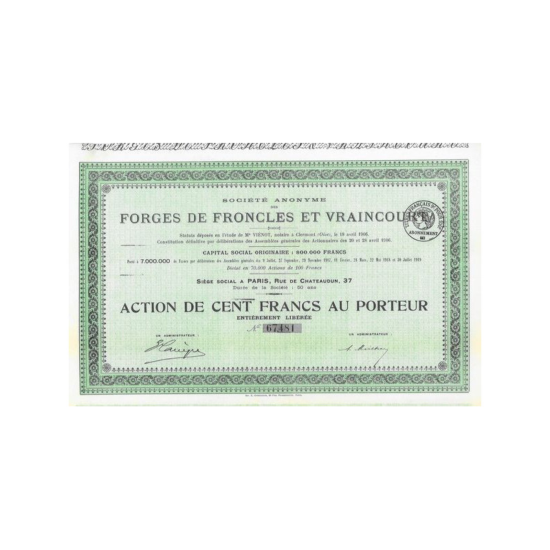 Sté des Forges de Froncles & Vraincourt (Act 100 F)