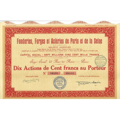 Fonderies. Forges et Aciéries de Paris et de la Seine (Titre 10 Act 100 F)