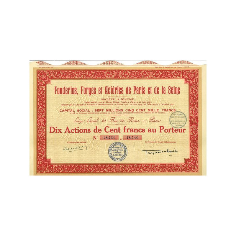 Fonderies. Forges et Aciéries de Paris et de la Seine (Titre 10 Act 100 F)