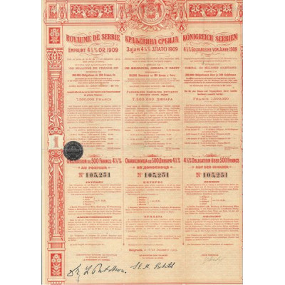 Royaume de Serbie - Emprunt 4 1/2 % Or 1909