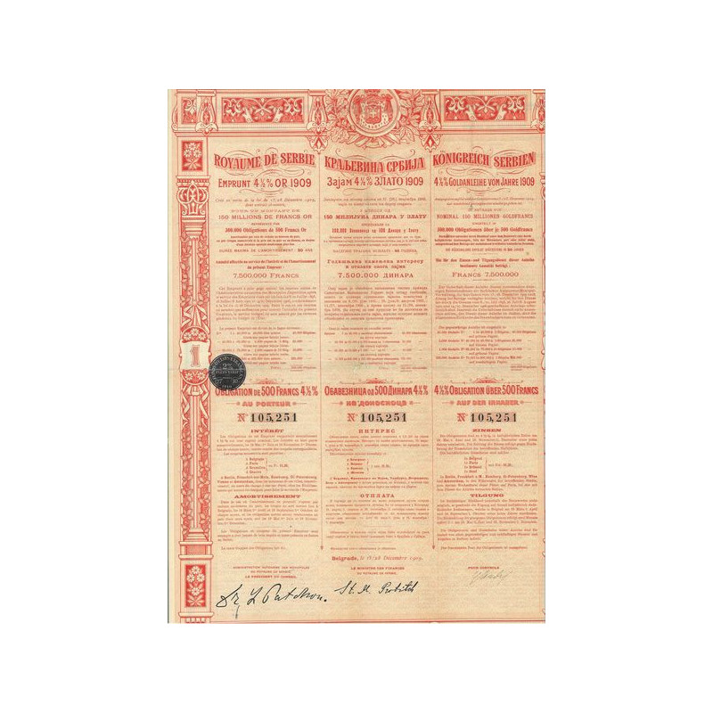 Royaume de Serbie - Emprunt 4 1/2 % Or 1909