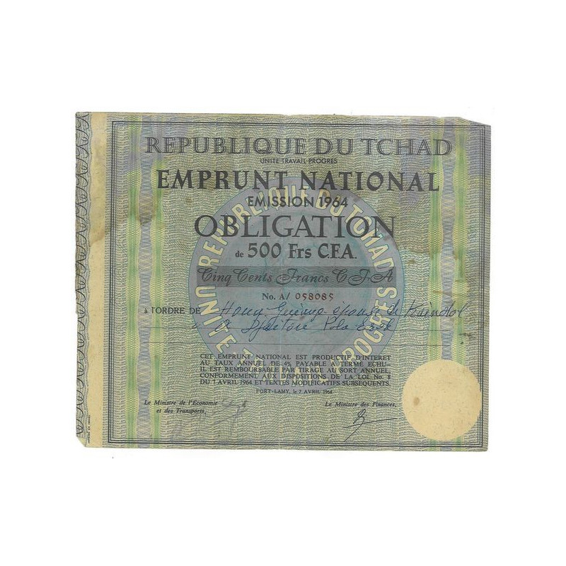 République du Tchad - Unité Travail Progrès - Emprunt National Emission 1964