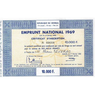 République du Sénégal - Un peuple - Un but - Une foi - Emprunt National 1969