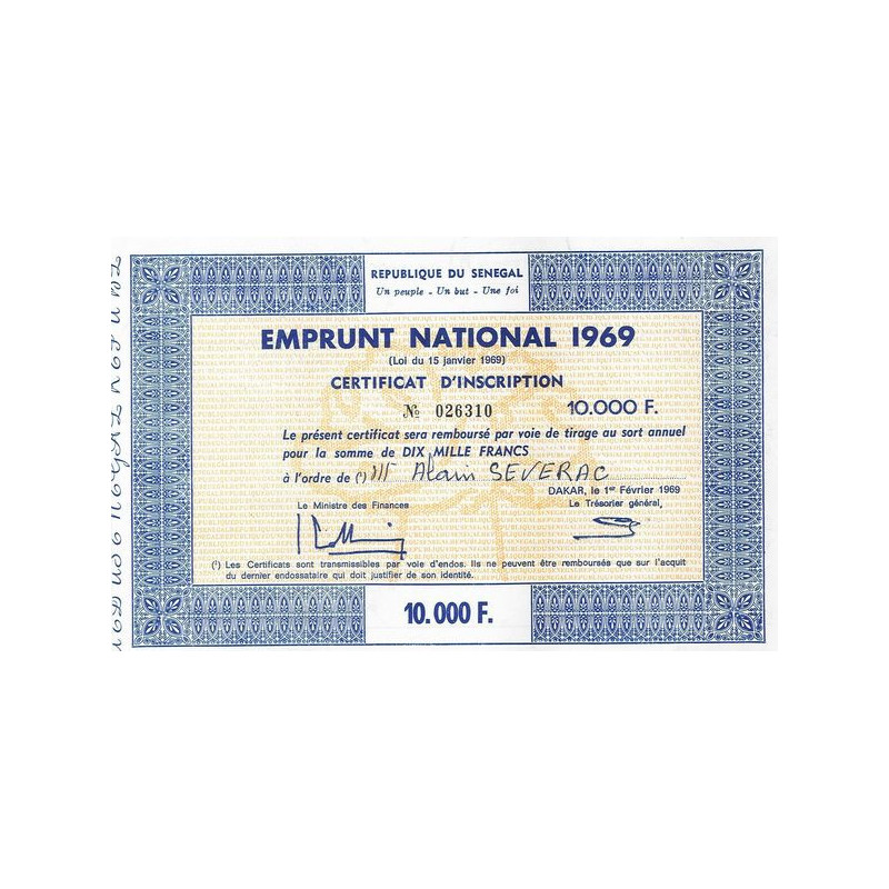 République du Sénégal - Un peuple - Un but - Une foi - Emprunt National 1969