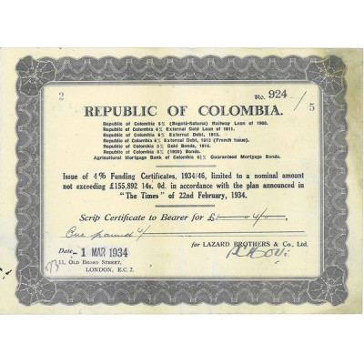 Republic of Colombia - Issue of 4% Funding Certificat 1934/46